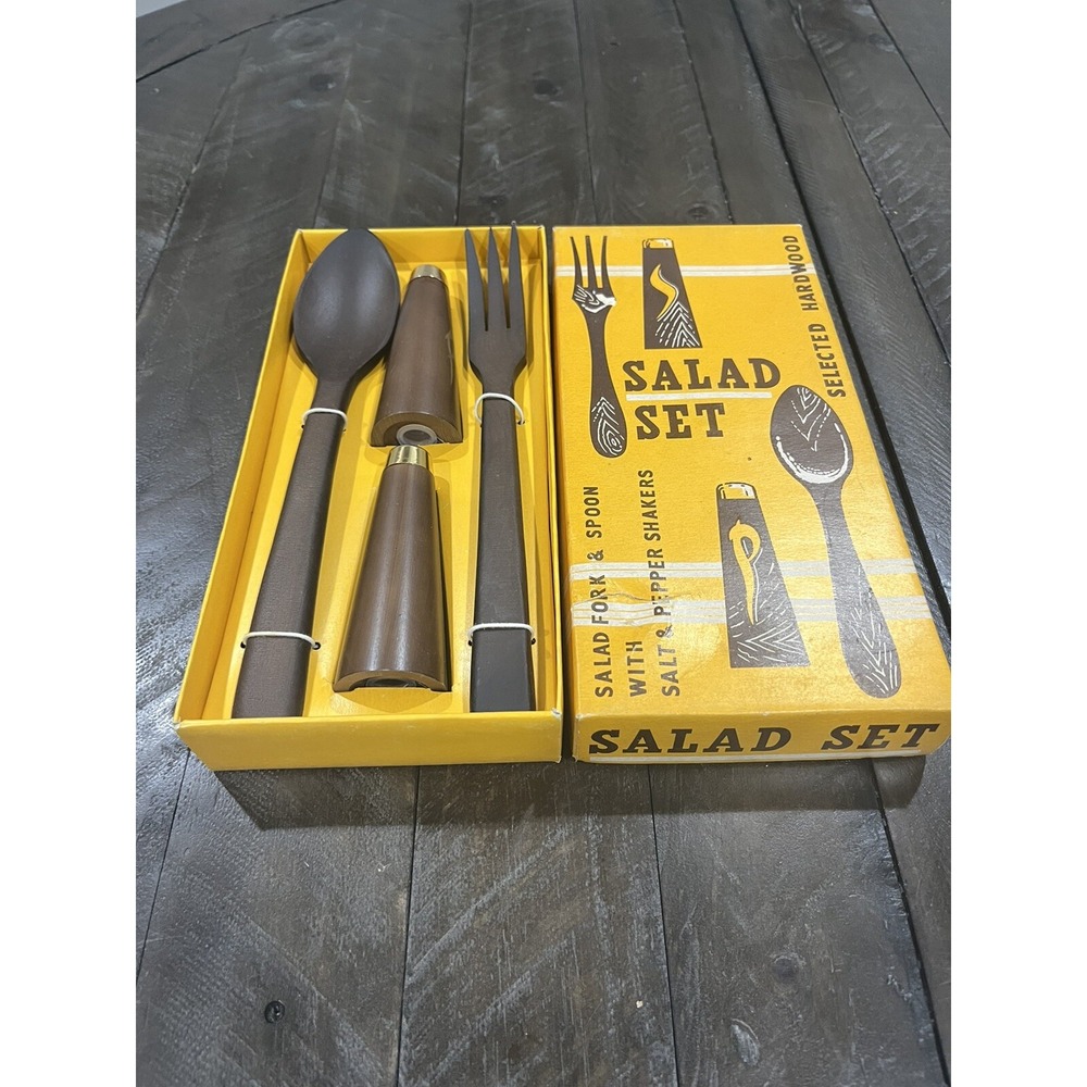 Dark Wooden Salad Fork Spoon Salt Pepper Shakers Set New Japan Tiki‎ Vintage